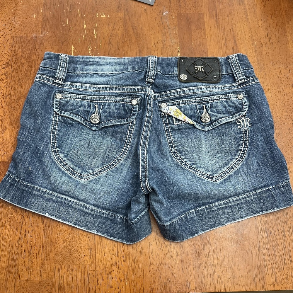 Miss Me Shorts Womens 27 Blue Denim Cuffed Cut Off Embroidered Rhinestone